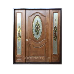 درب ورودی لابی ضدسرقت با روکش راش و شیشه های سفارشی کد 430